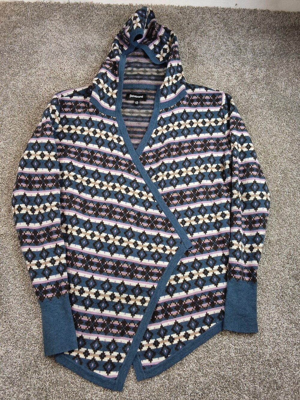 Betabrand Fair Isle Mission Wrap Merino Wool Blend Hooded Sweater Cardigan L/XL